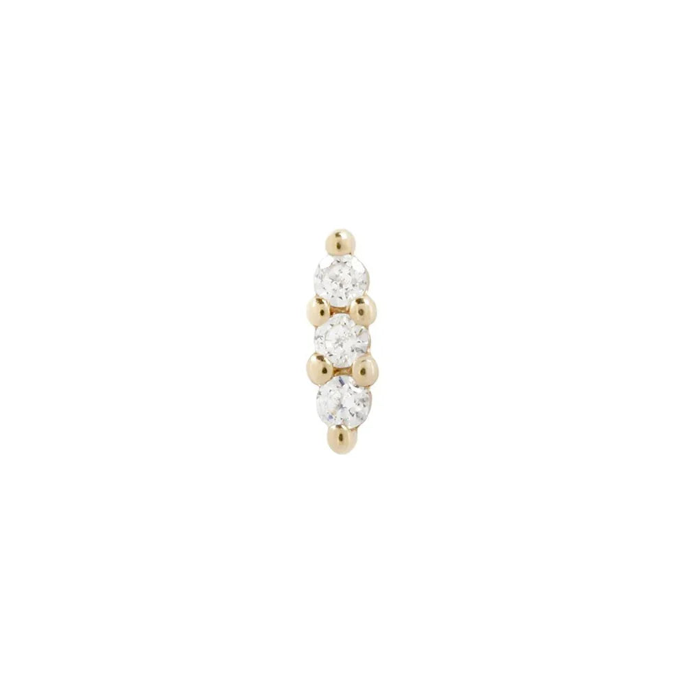 Buddha Mishka 3 three-stone threadless piercing end in yellow 14k gold