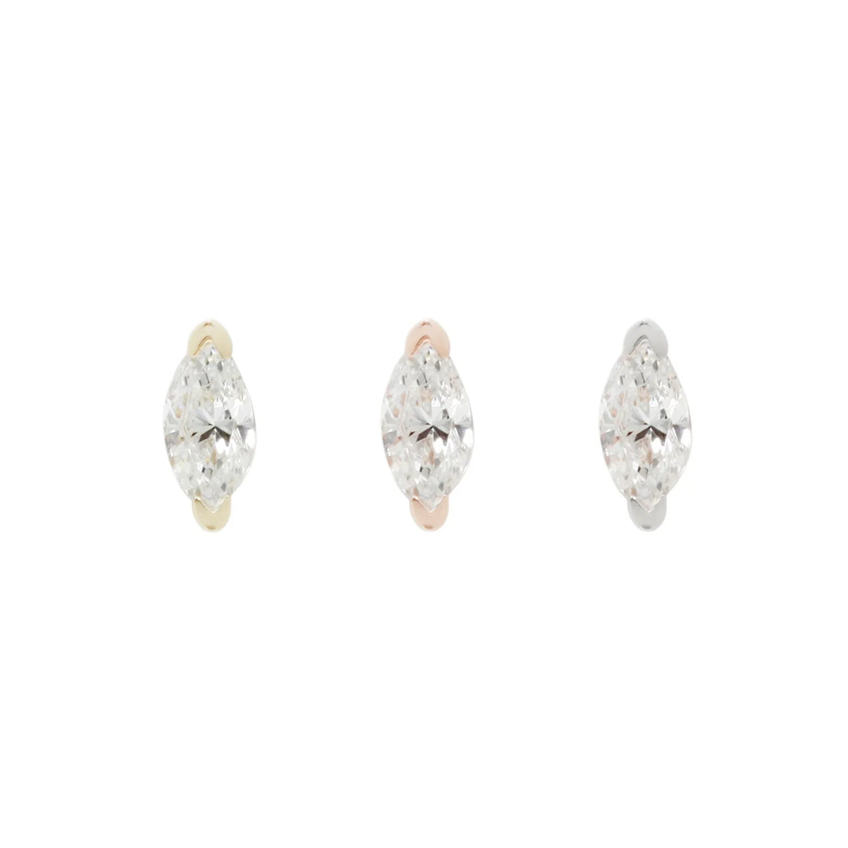 Buddha Zuri marquise 14k gold threadless end shown to scale