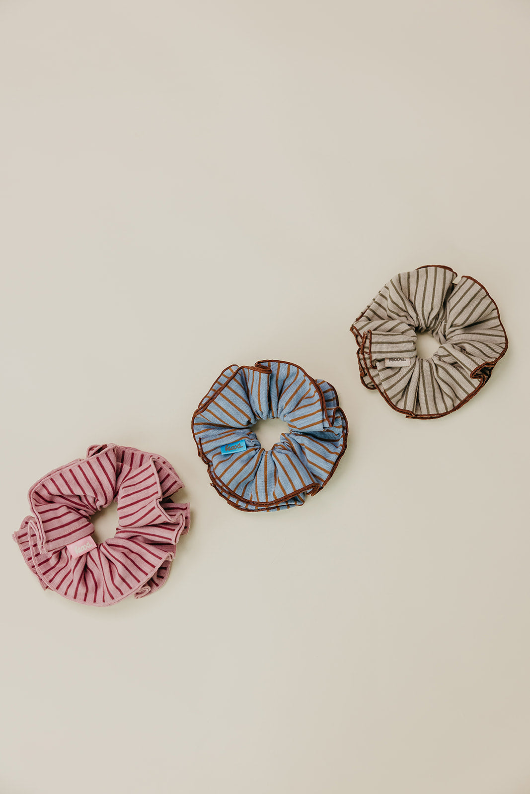 KAXI striped corset scrunchies in Pink + Maroon, Blue + Brown and Brown + Tan